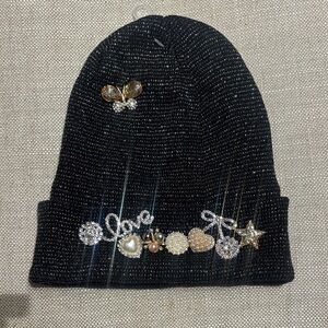 Embellished Black Beanie with Crystal Accents